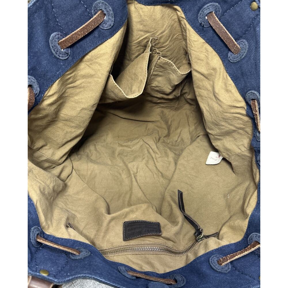 Lucky Brand Navy Blue Suede Hobo Tote Bag Drawstring Leather Double Handles Boho - Picture 8 of 10